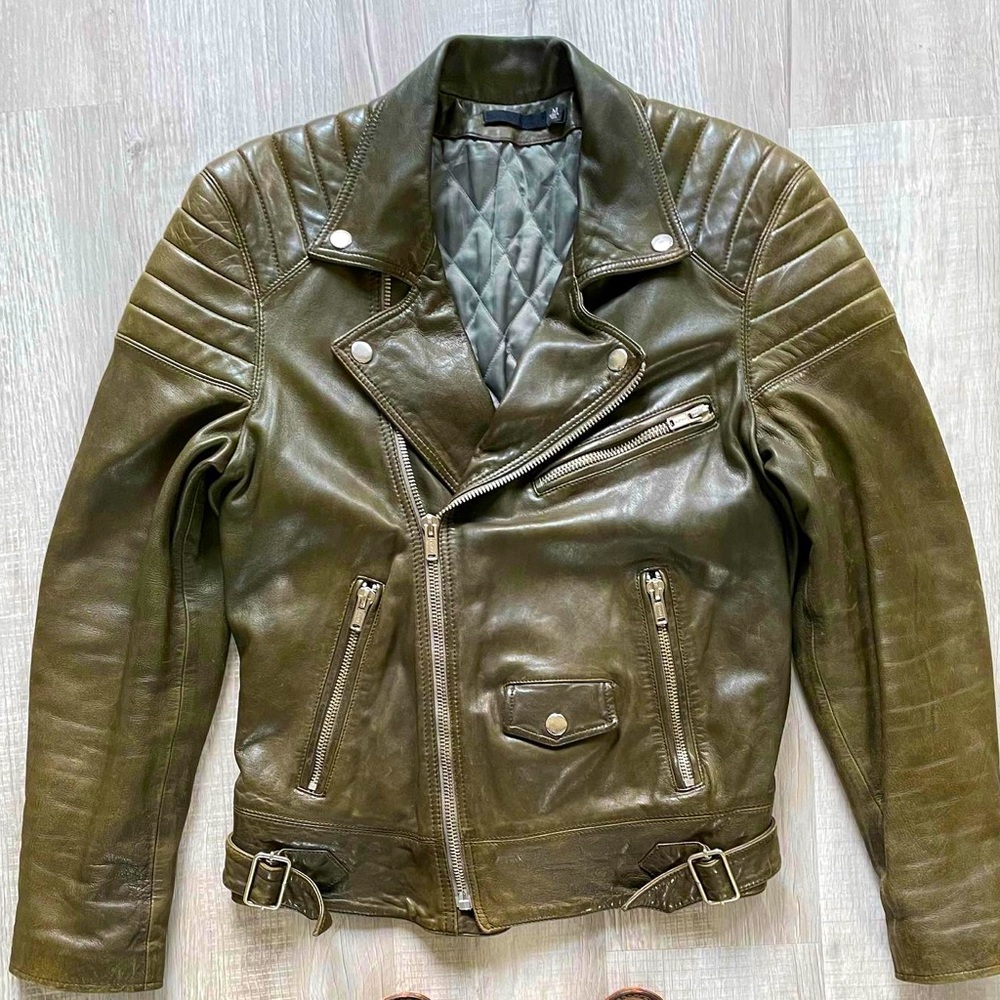 BLK DNM Men’s Olive Green Leather Moto Jacket - Size M